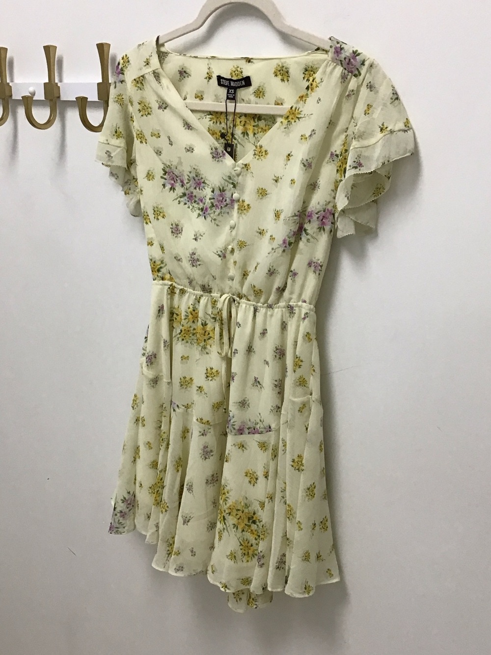 Kristy Flowy Floral Tie-Waist Dress - Cream with Yellow & Lavender Flowers